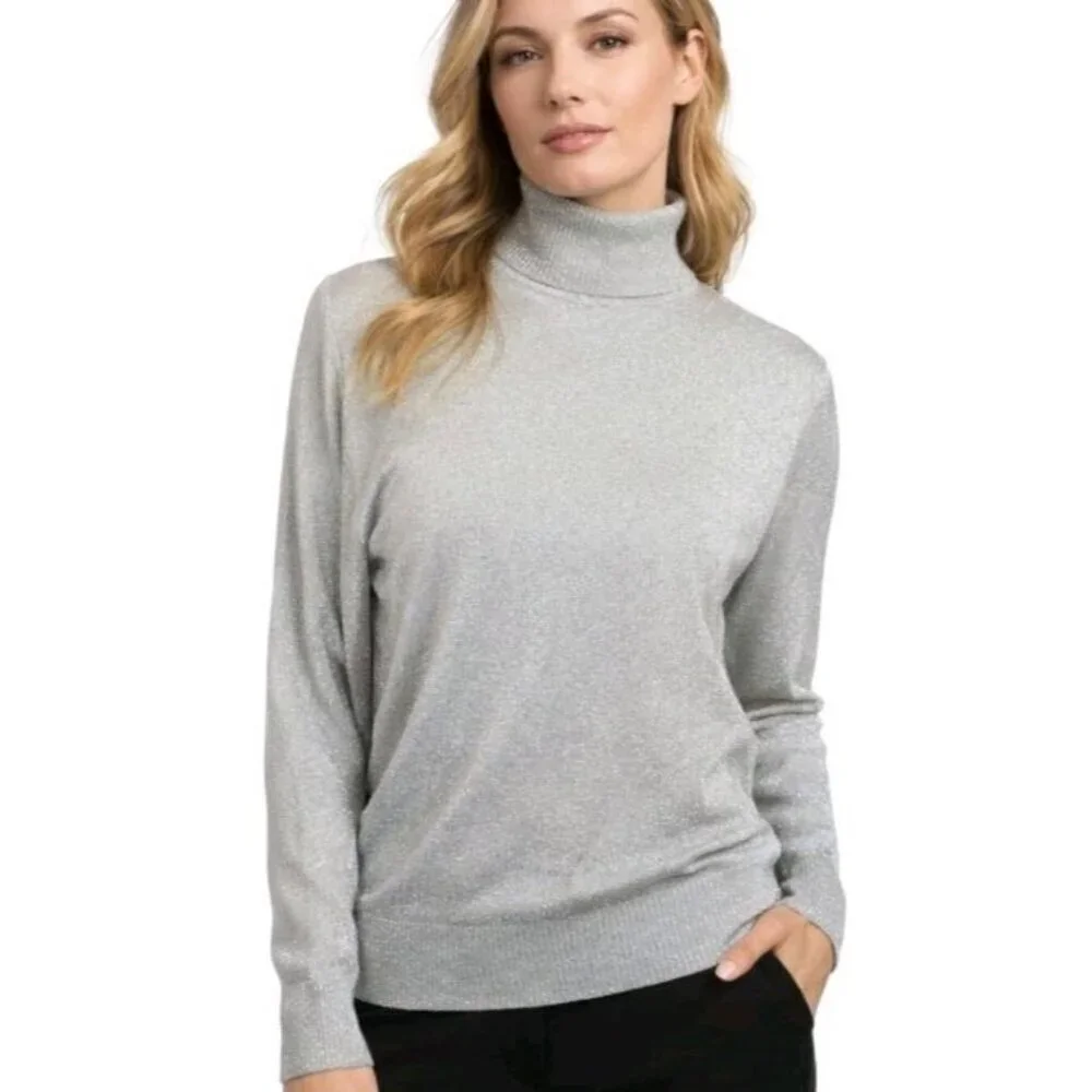 Composition NY Silk Blend Metallic Shimmer Turtleneck Sweater L Taupe Beige